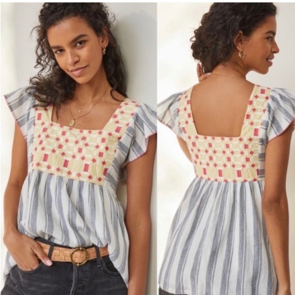 Forever That Girl Embroidered Stripe Tunic Top Blue Yellow Pink Cotton Womens 12